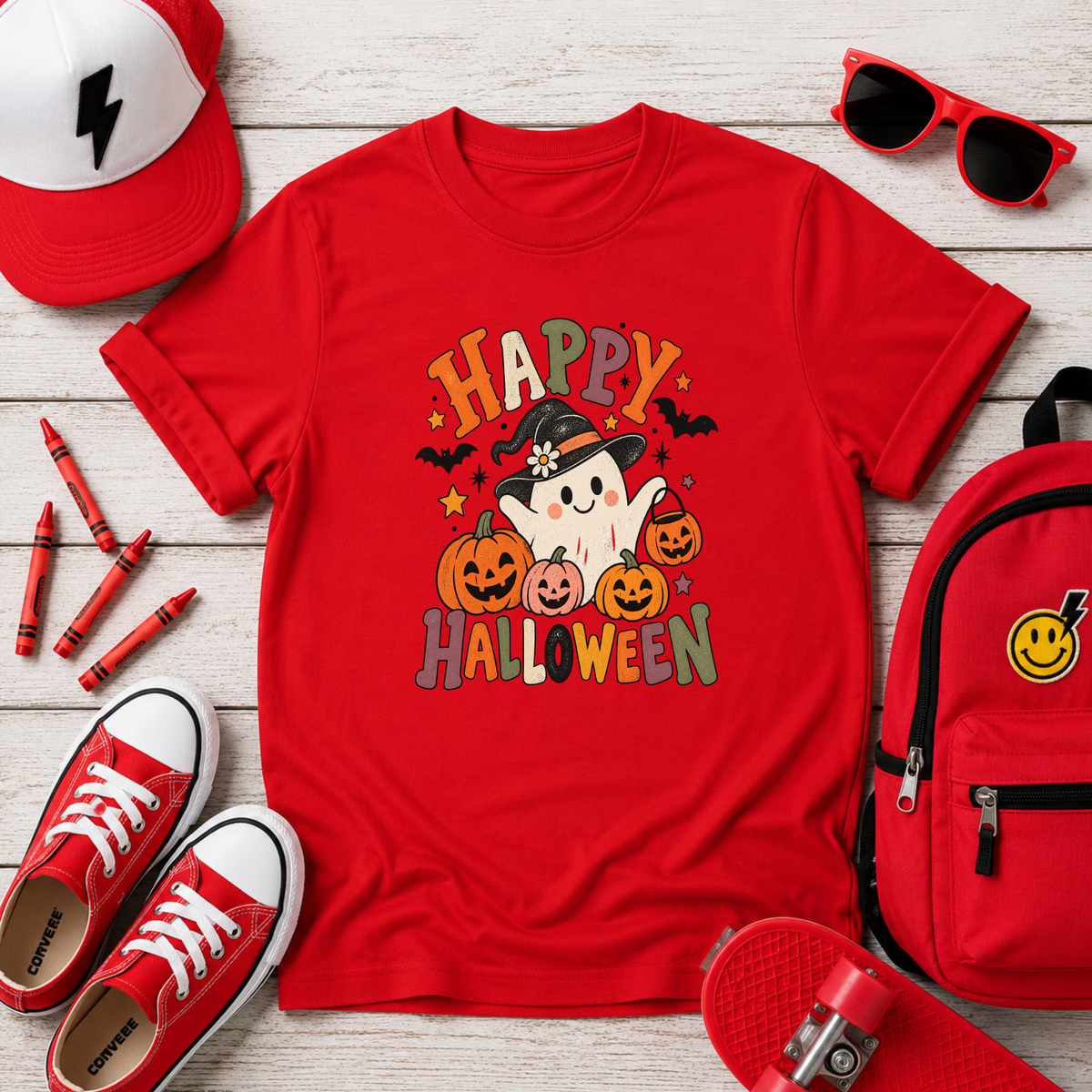 Kids Halloween T-Shirt Cute Witch & Pumpkins "Happy Halloween"