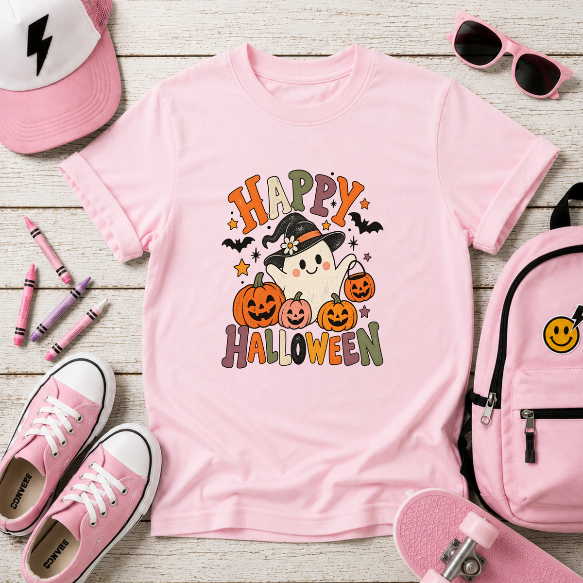 Kids Halloween T-Shirt Cute Witch & Pumpkins "Happy Halloween"