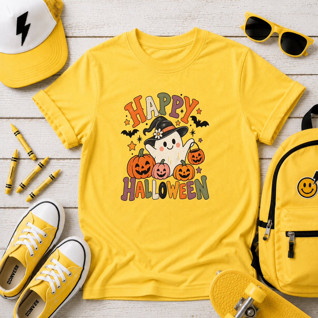Kids Halloween T-Shirt Cute Witch & Pumpkins "Happy Halloween"