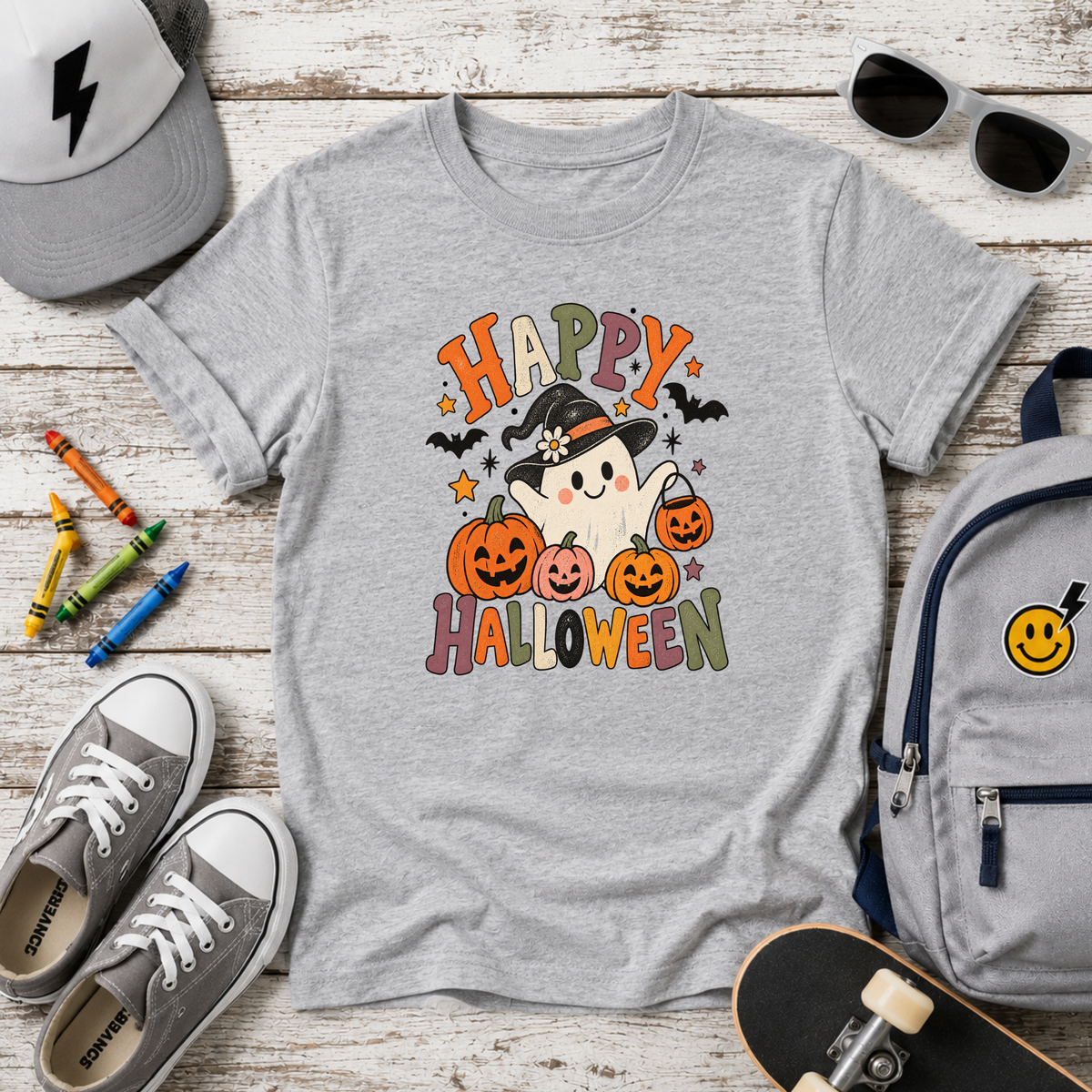Kids Halloween T-Shirt Cute Witch & Pumpkins "Happy Halloween"