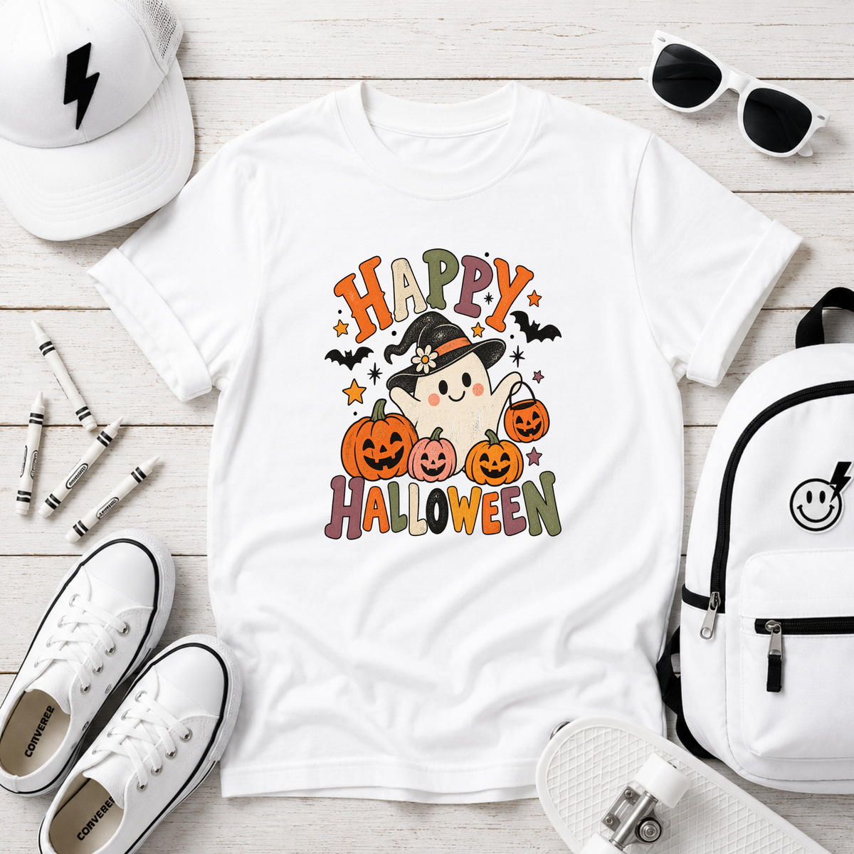 Kids Halloween T-Shirt Cute Witch & Pumpkins "Happy Halloween"