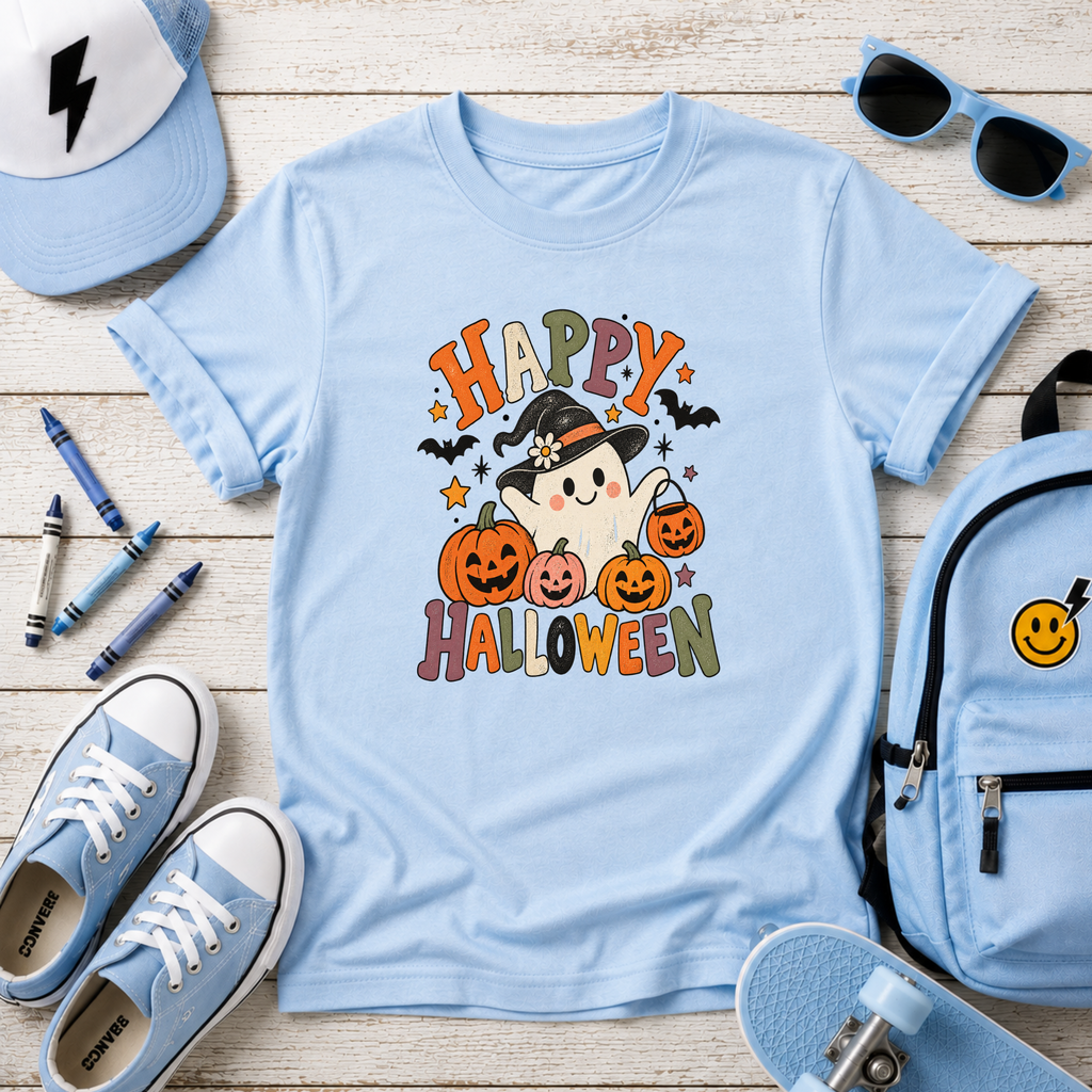 Kids Halloween T-Shirt Cute Witch & Pumpkins "Happy Halloween"
