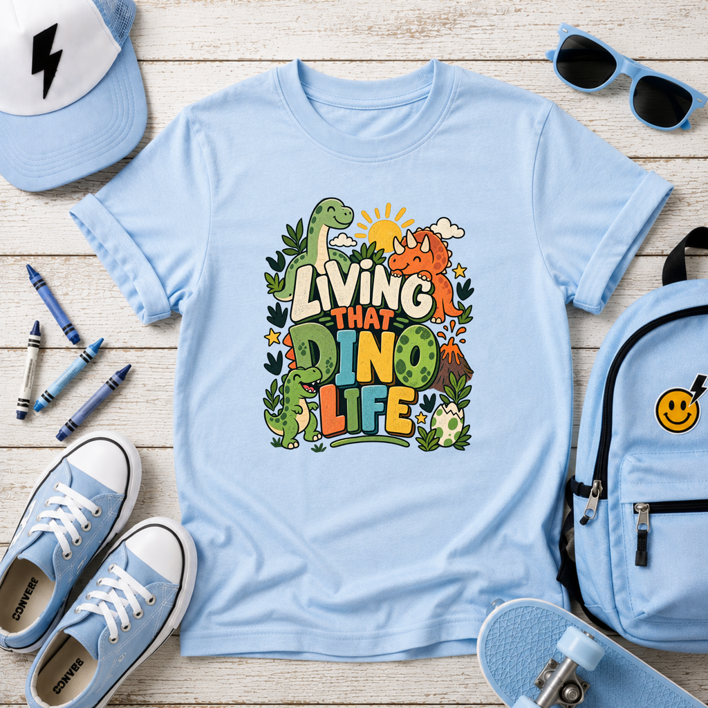 Kids Dino Life T‑Shirt 'Living That Dino Life' Colorful Dinosaur Tee