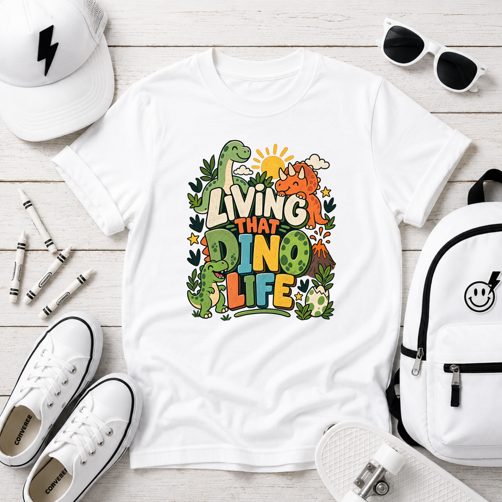 Kids Dino Life T‑Shirt 'Living That Dino Life' Colorful Dinosaur Tee