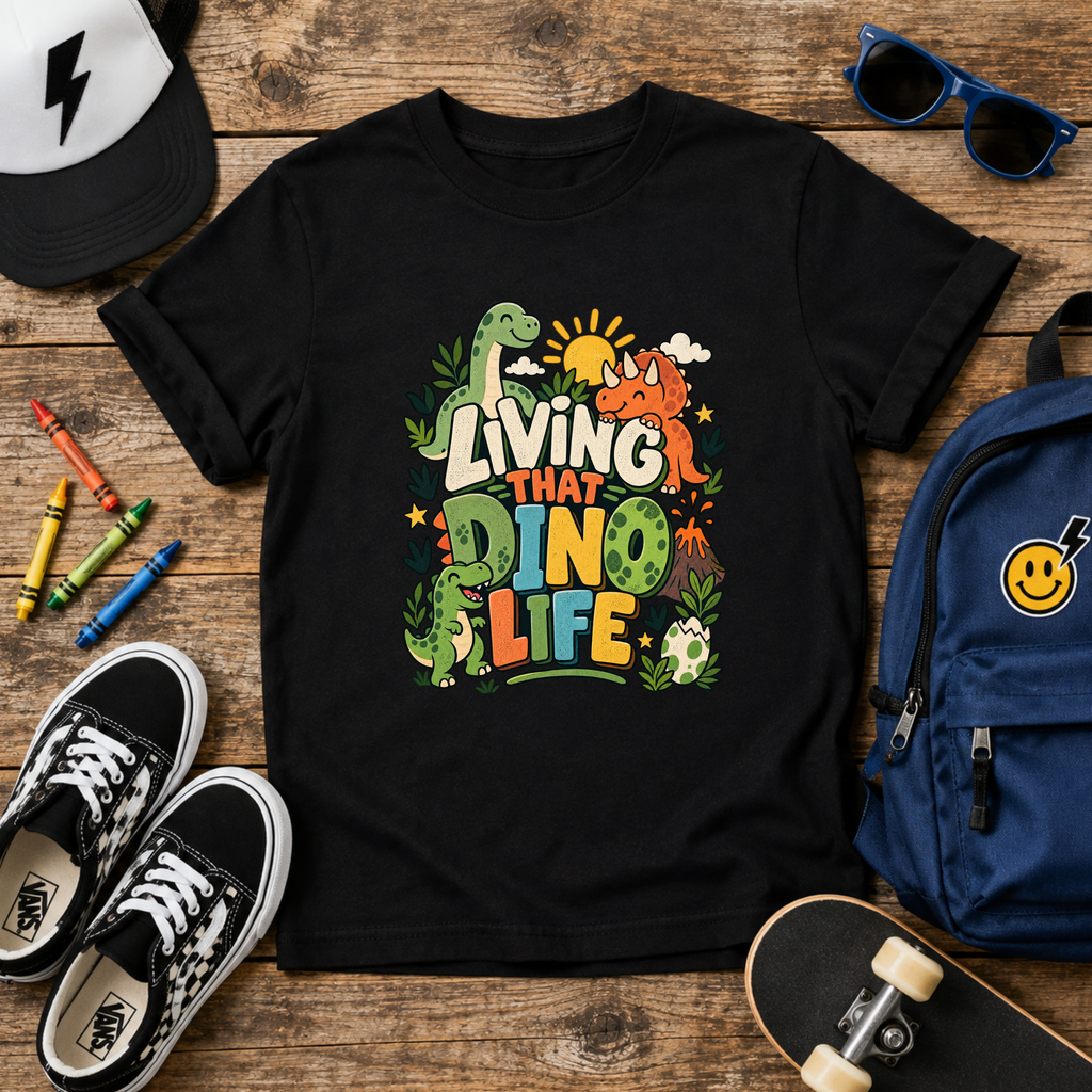 Kids Dino Life T‑Shirt 'Living That Dino Life' Colorful Dinosaur Tee