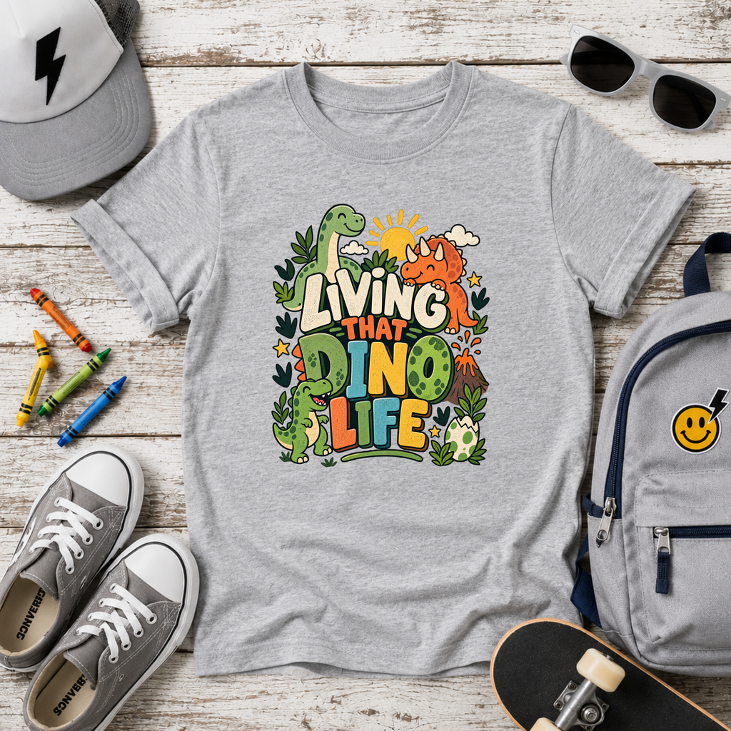 Kids Dino Life T‑Shirt 'Living That Dino Life' Colorful Dinosaur Tee