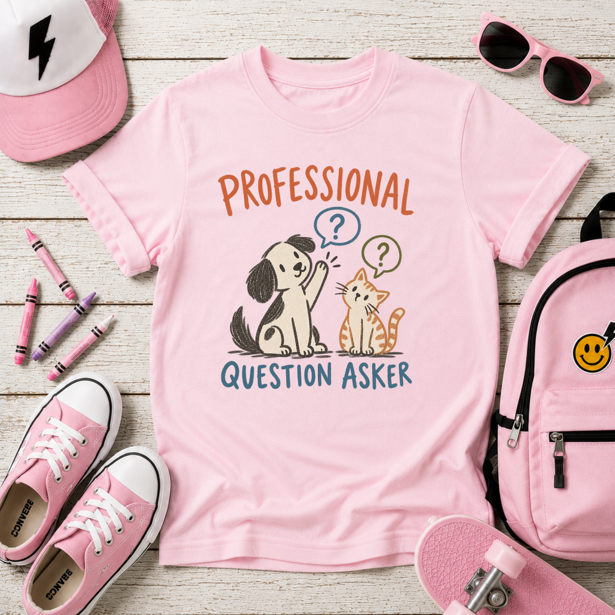 Kids T‑Shirt "Professional Question Asker" Cute Dog & Cat Graphic Tee
