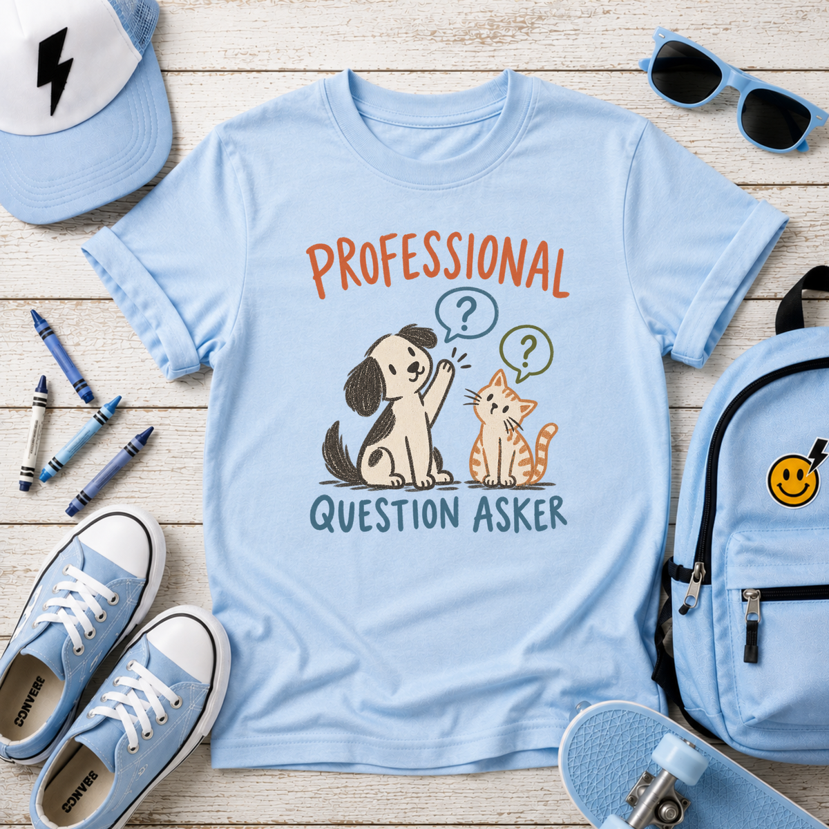 Kids T‑Shirt "Professional Question Asker" Cute Dog & Cat Graphic Tee
