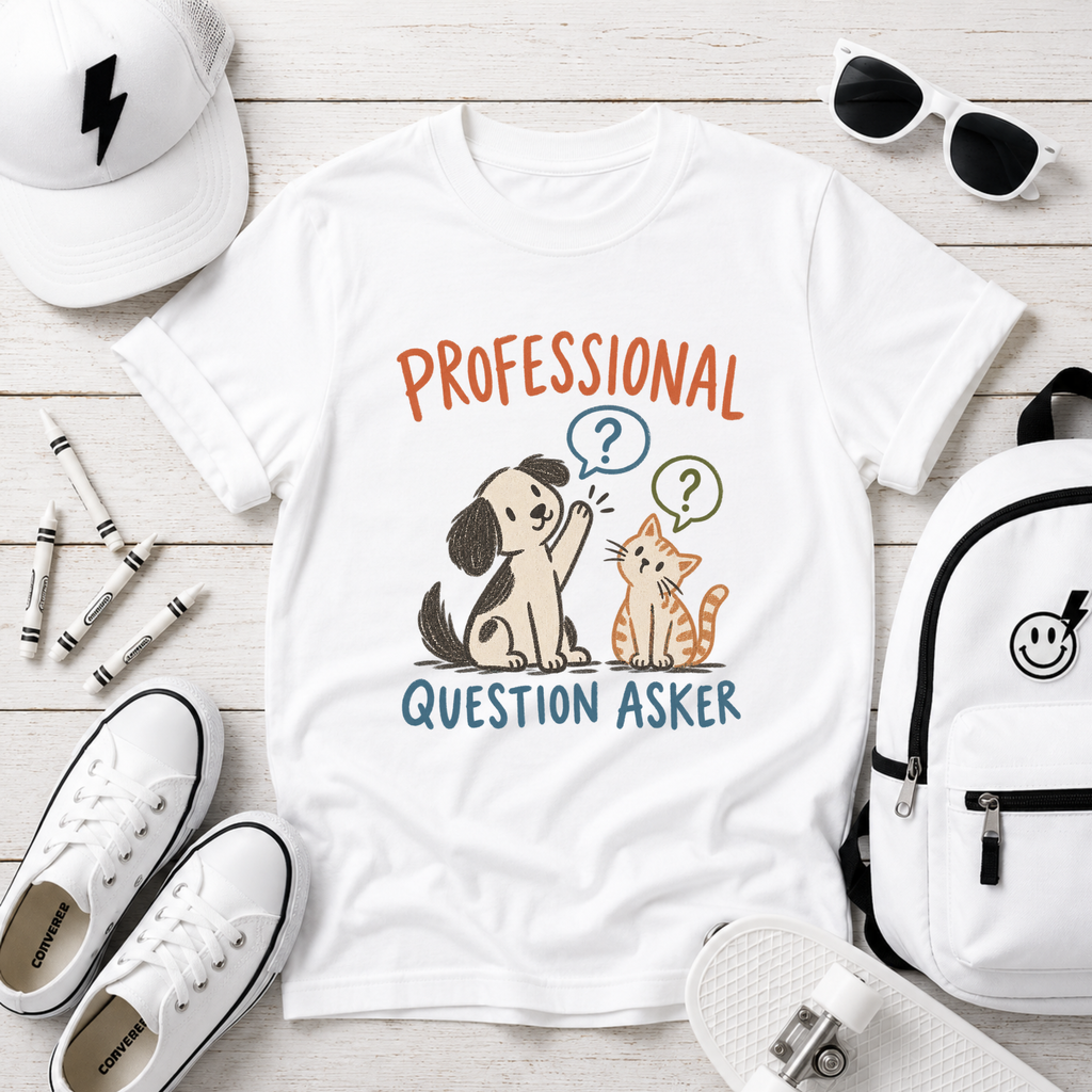 Kids T‑Shirt "Professional Question Asker" Cute Dog & Cat Graphic Tee