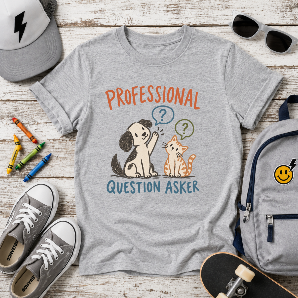 Kids T‑Shirt "Professional Question Asker" Cute Dog & Cat Graphic Tee