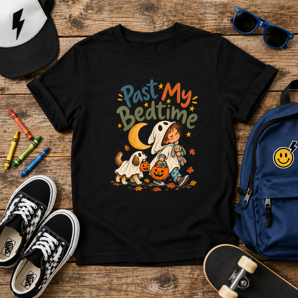 Kids Tee "Past My Bedtime" Halloween Puppy Trick-or-Treat Shirt