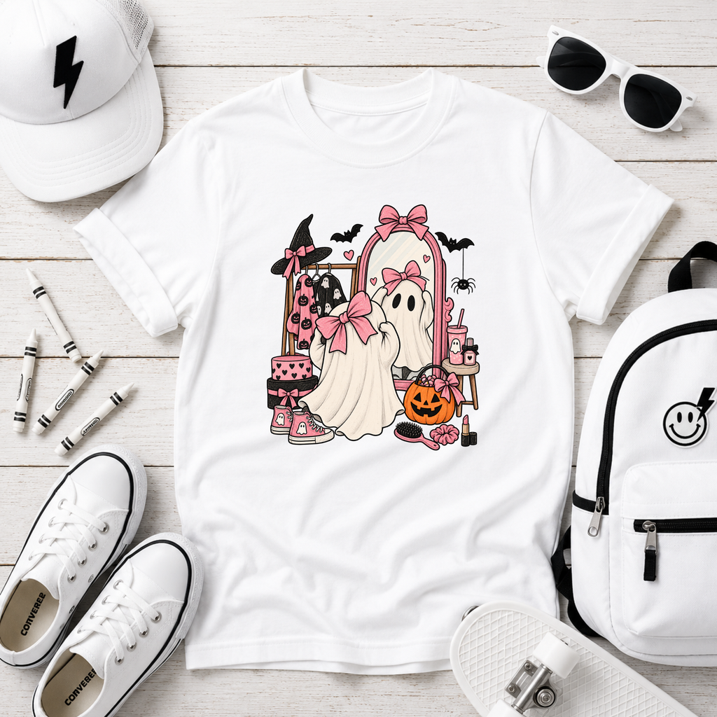 Kids Halloween Ghosts T‑Shirt Cute Pink Ghost Costume Trick-or-Treat Tee