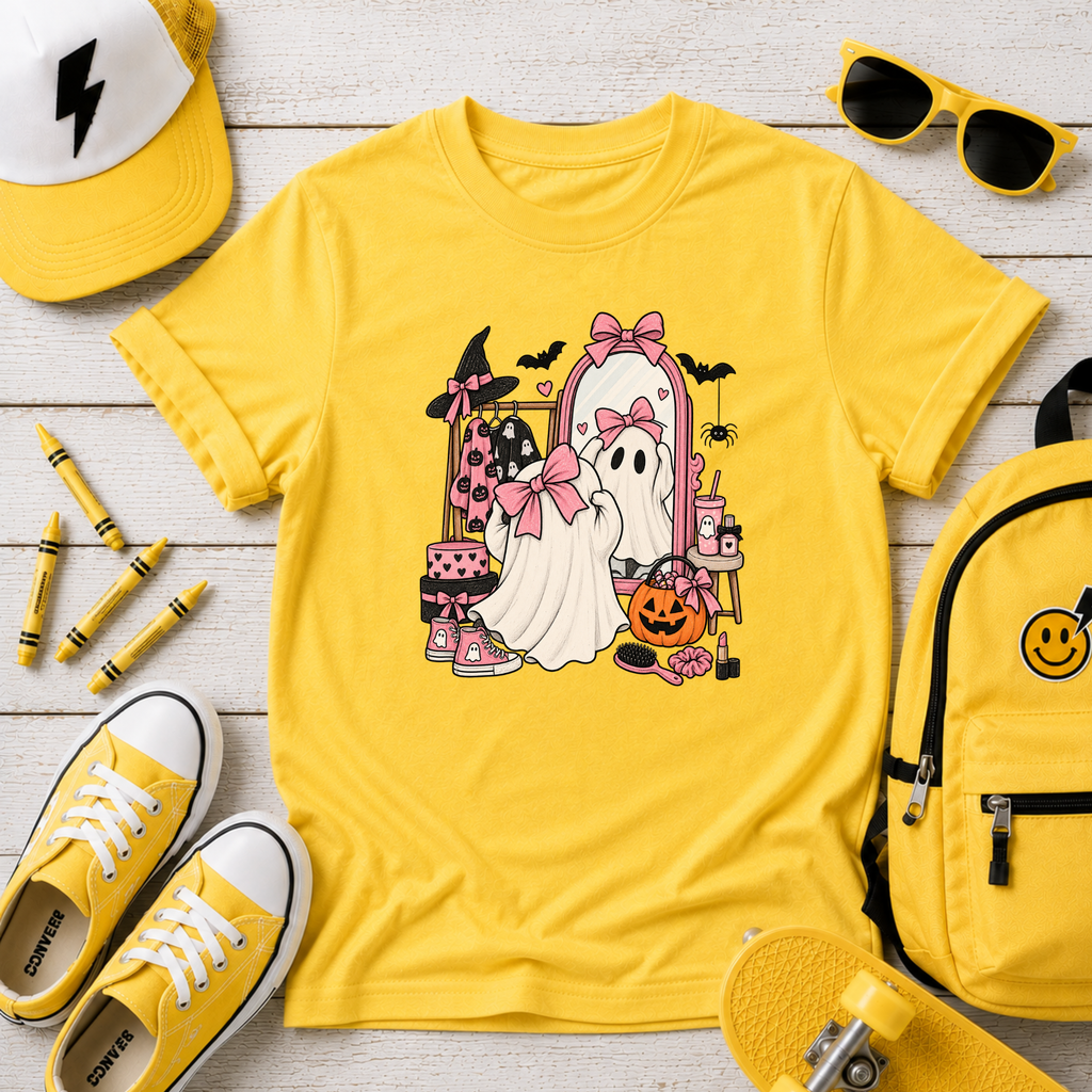 Kids Halloween Ghosts T‑Shirt Cute Pink Ghost Costume Trick-or-Treat Tee