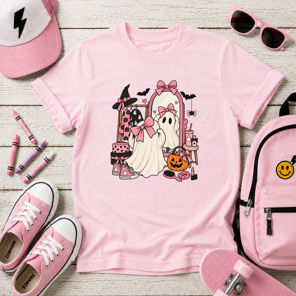 Kids Halloween Ghosts T‑Shirt Cute Pink Ghost Costume Trick-or-Treat Tee