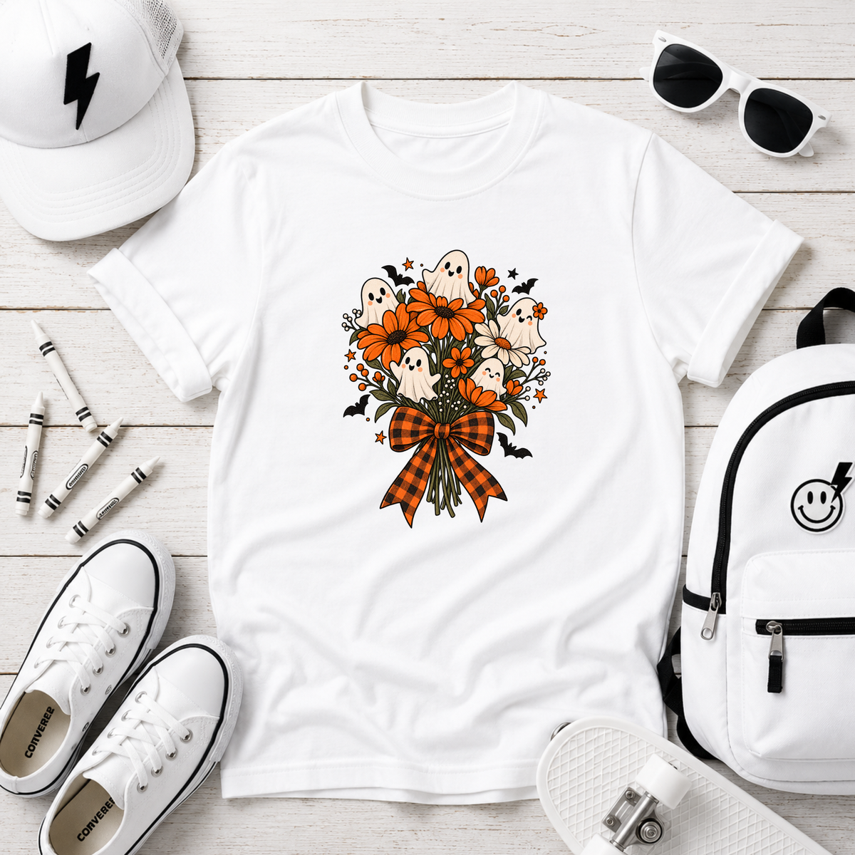 Kids Tee Halloween Floral Ghost Bouquet with Plaid Bow
