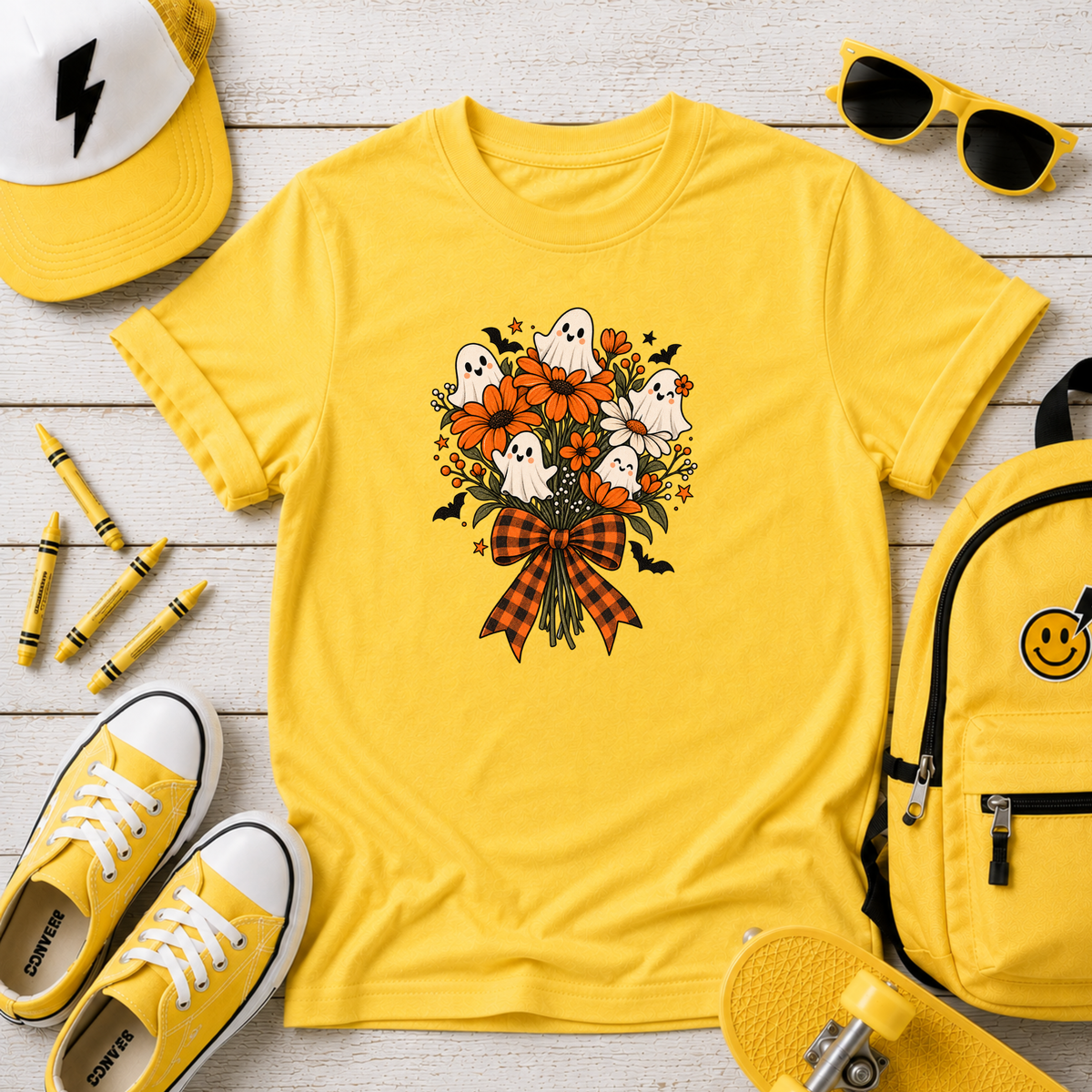 Kids Tee Halloween Floral Ghost Bouquet with Plaid Bow
