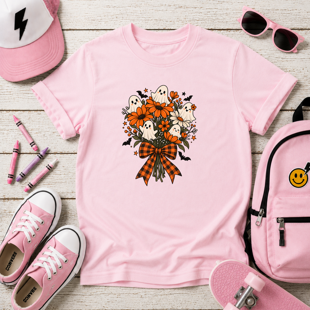 Kids Tee Halloween Floral Ghost Bouquet with Plaid Bow