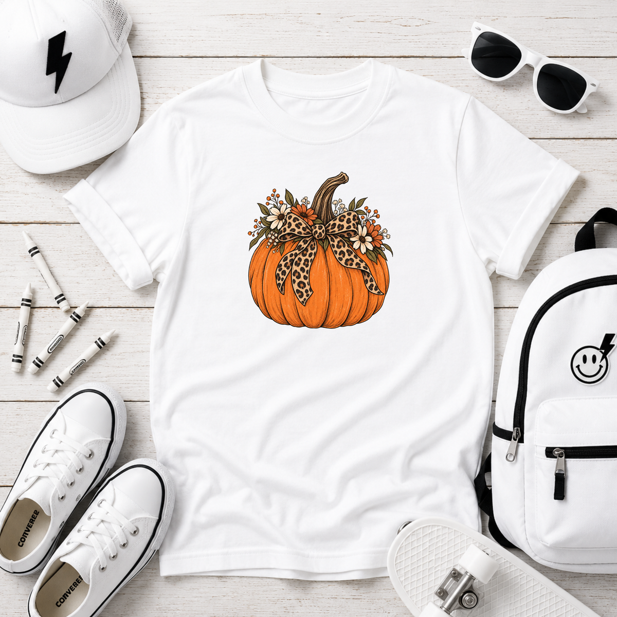 Kids Halloween Pumpkin Graphic Tee Leopard Bow Fall Tee