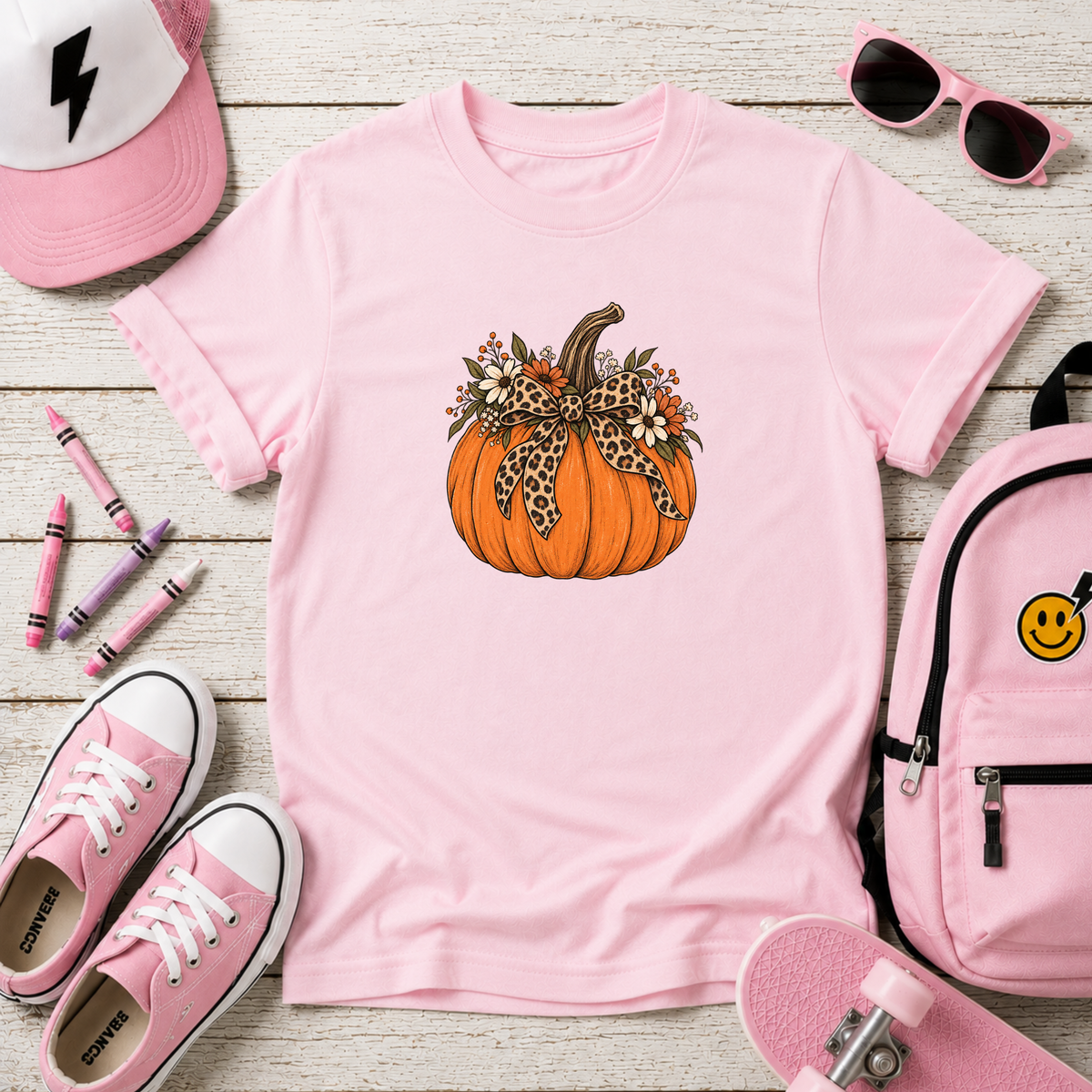 Kids Halloween Pumpkin Graphic Tee Leopard Bow Fall Tee