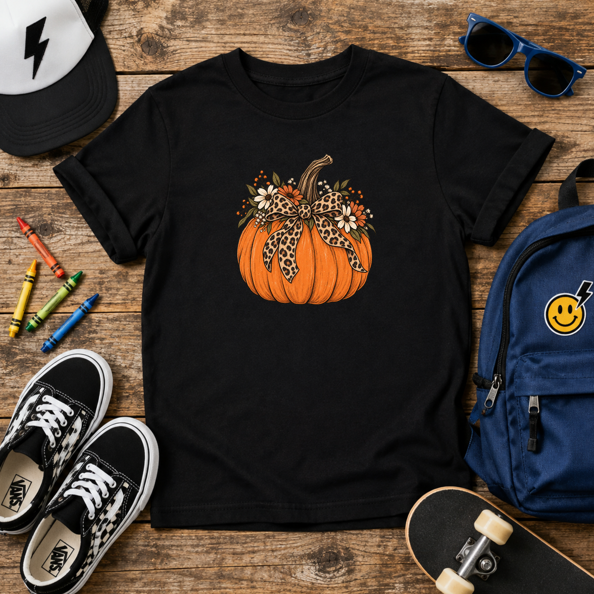 Kids Halloween Pumpkin Graphic Tee Leopard Bow Fall Tee