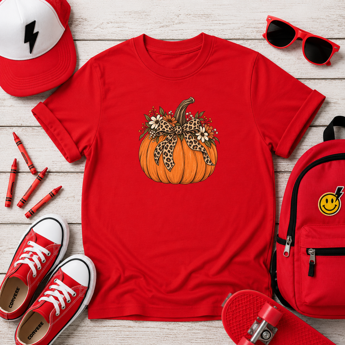 Kids Halloween Pumpkin Graphic Tee Leopard Bow Fall Tee