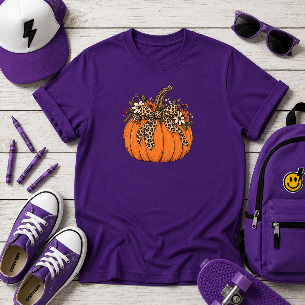 Kids Halloween Pumpkin Graphic Tee Leopard Bow Fall Tee