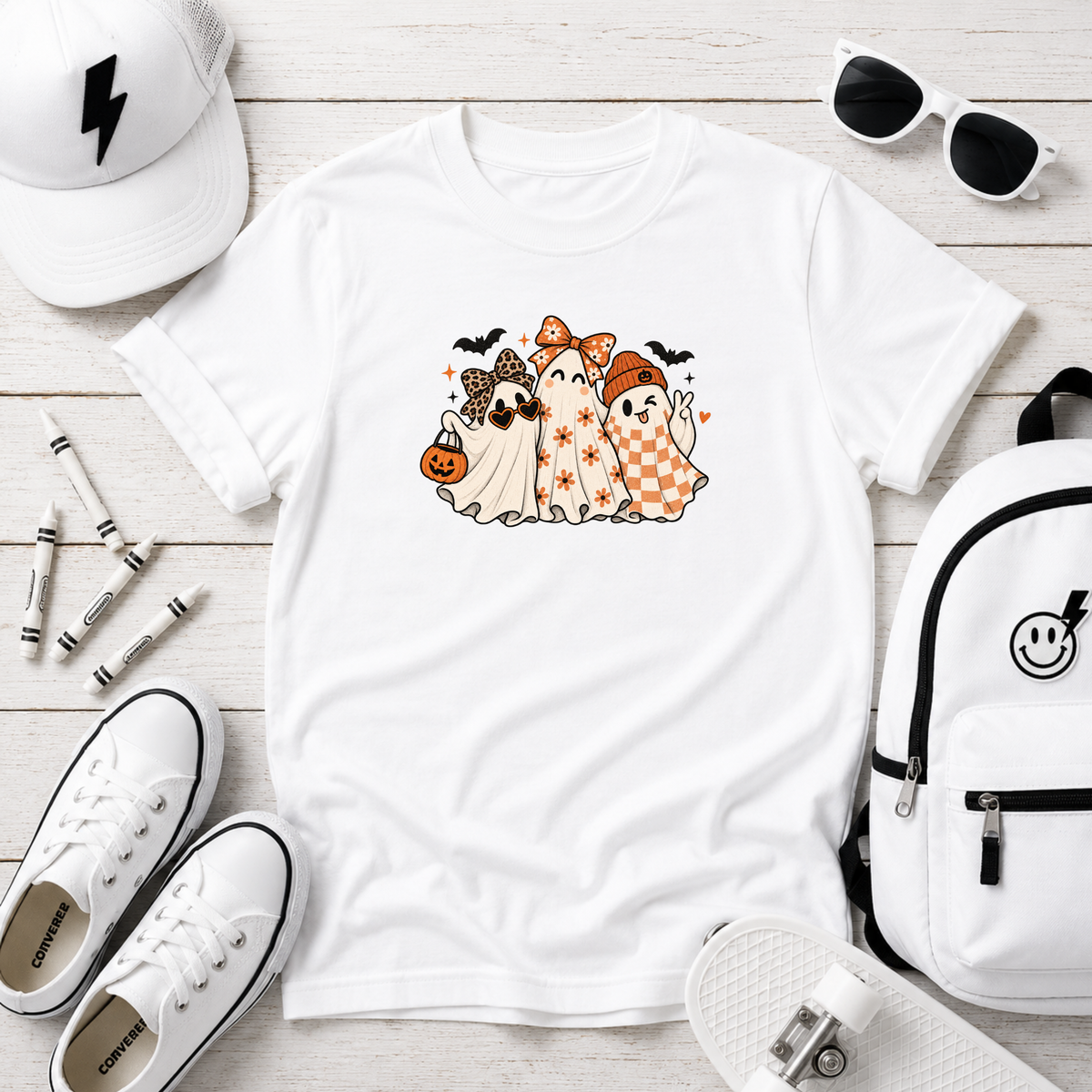 Kids Halloween Ghost Trio Graphic T-Shirt Cute Pumpkin Trick-or-Treat Tee
