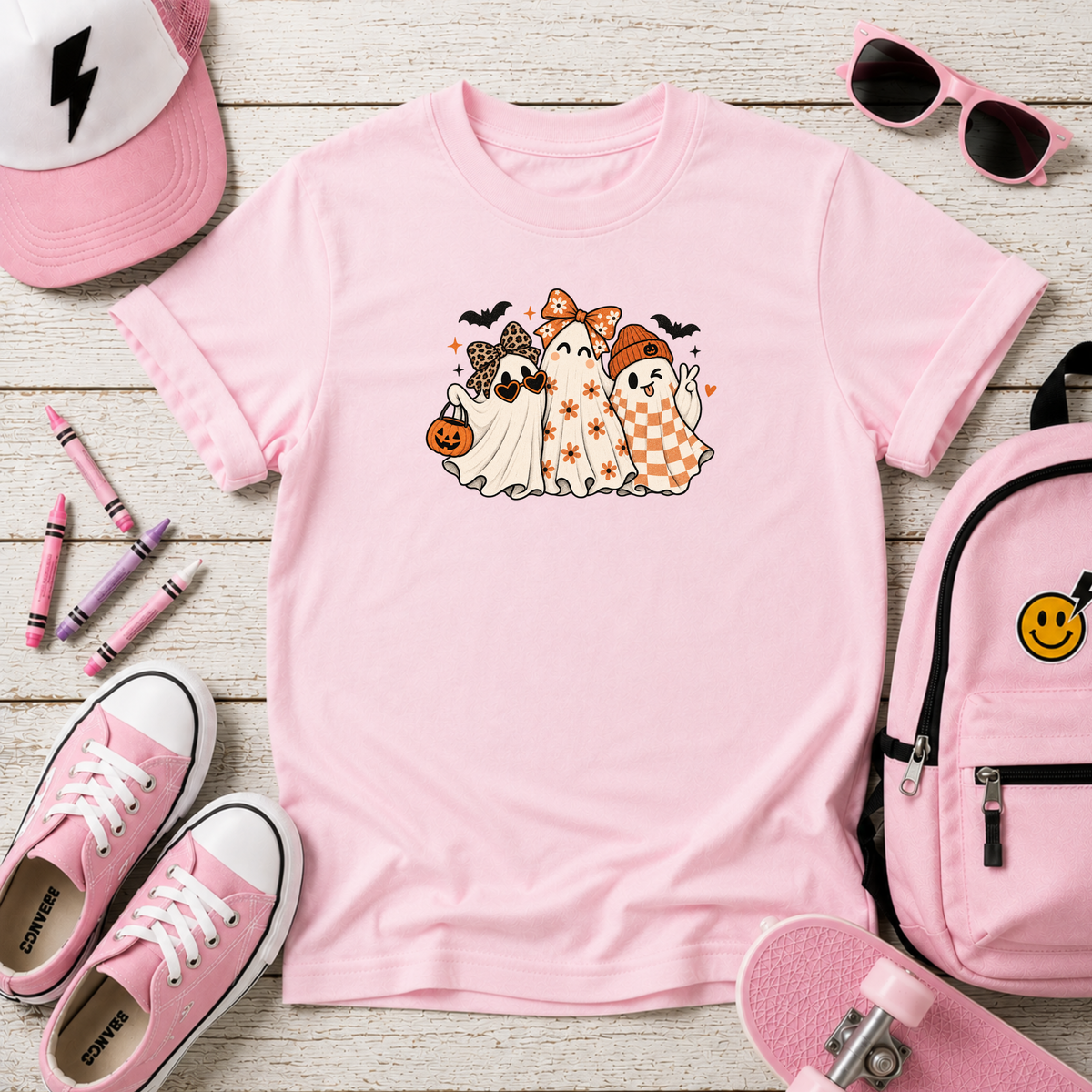 Kids Halloween Ghost Trio Graphic T-Shirt Cute Pumpkin Trick-or-Treat Tee