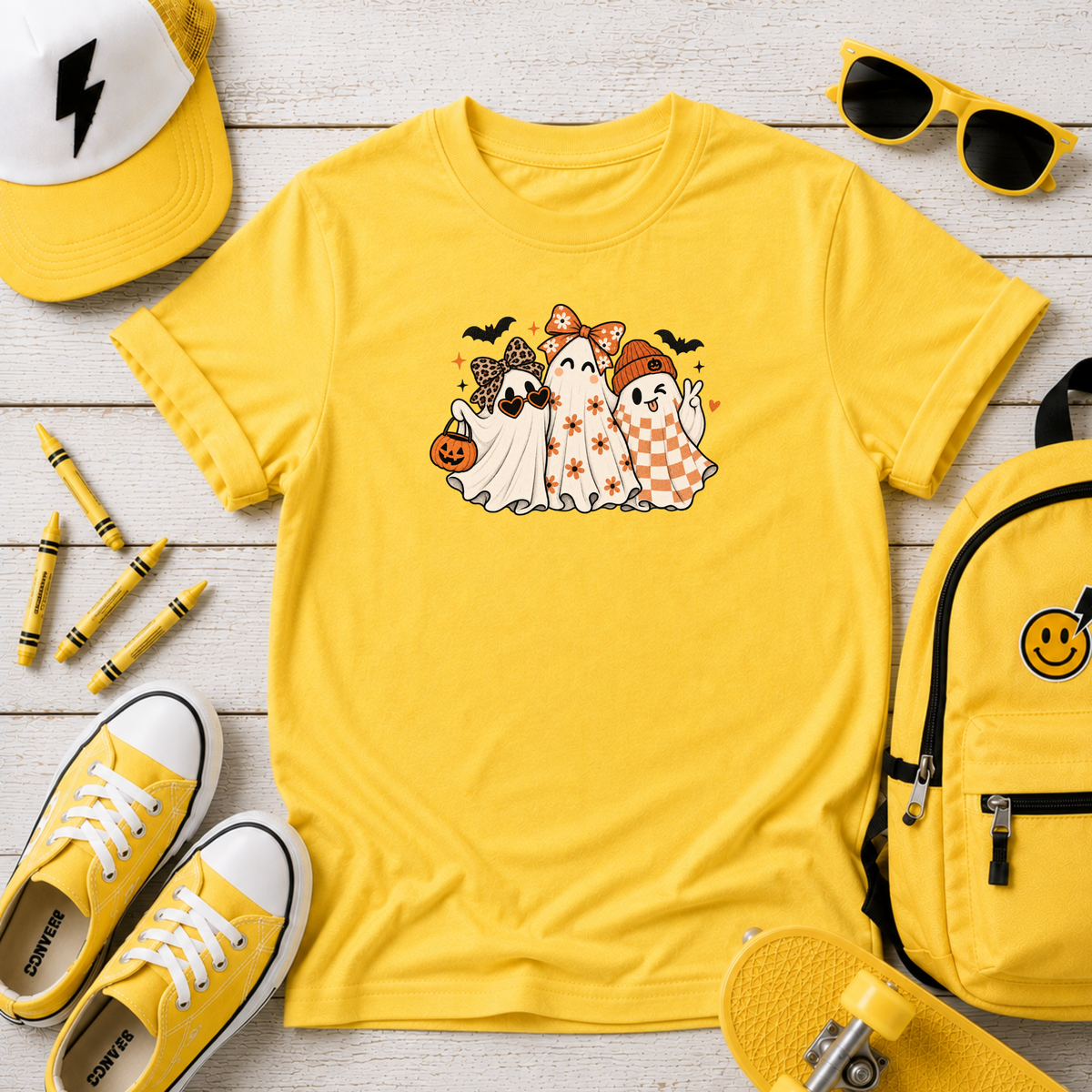 Kids Halloween Ghost Trio Graphic T-Shirt Cute Pumpkin Trick-or-Treat Tee