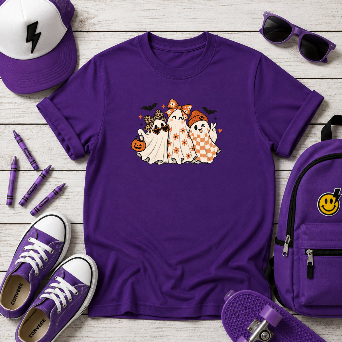 Kids Halloween Ghost Trio Graphic T-Shirt Cute Pumpkin Trick-or-Treat Tee