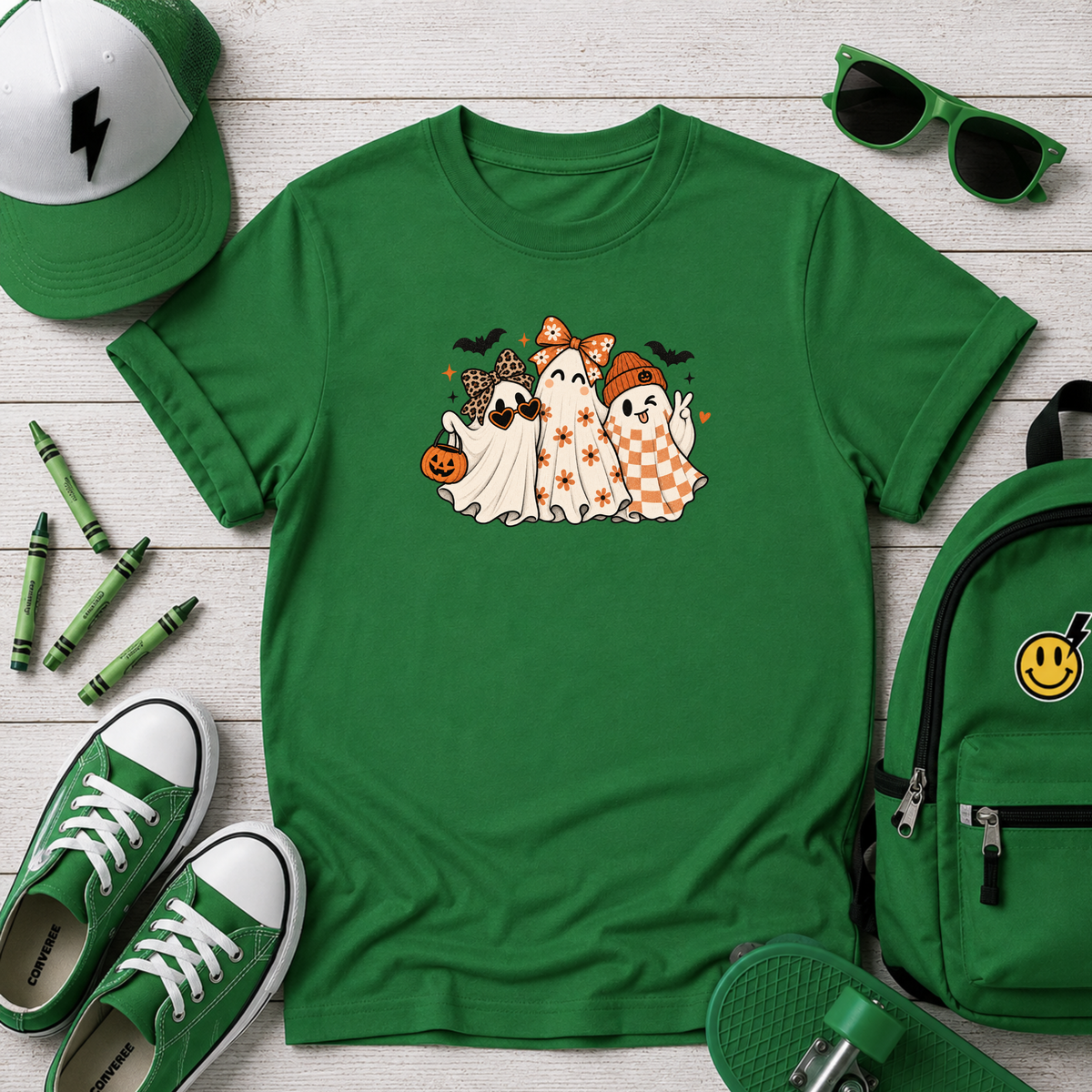 Kids Halloween Ghost Trio Graphic T-Shirt Cute Pumpkin Trick-or-Treat Tee