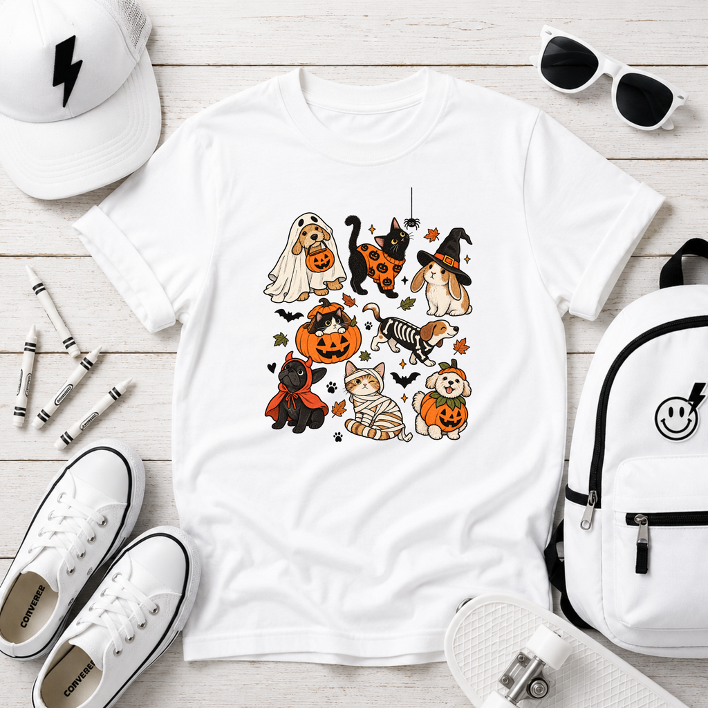 Kids Halloween Puppies Graphic T-Shirt Cute Dogs in Costumes Trick-or-Treat Tee