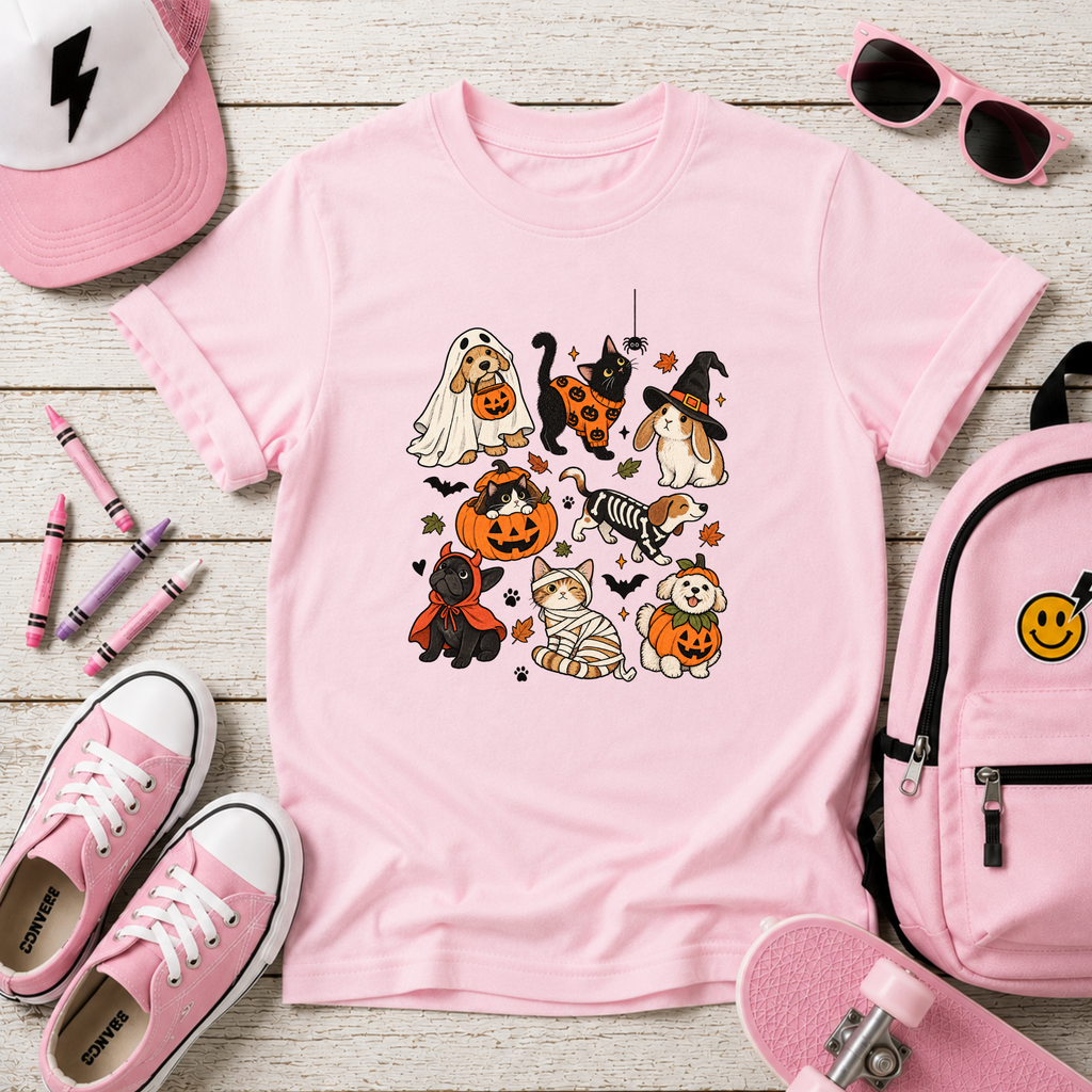 Kids Halloween Puppies Graphic T-Shirt Cute Dogs in Costumes Trick-or-Treat Tee