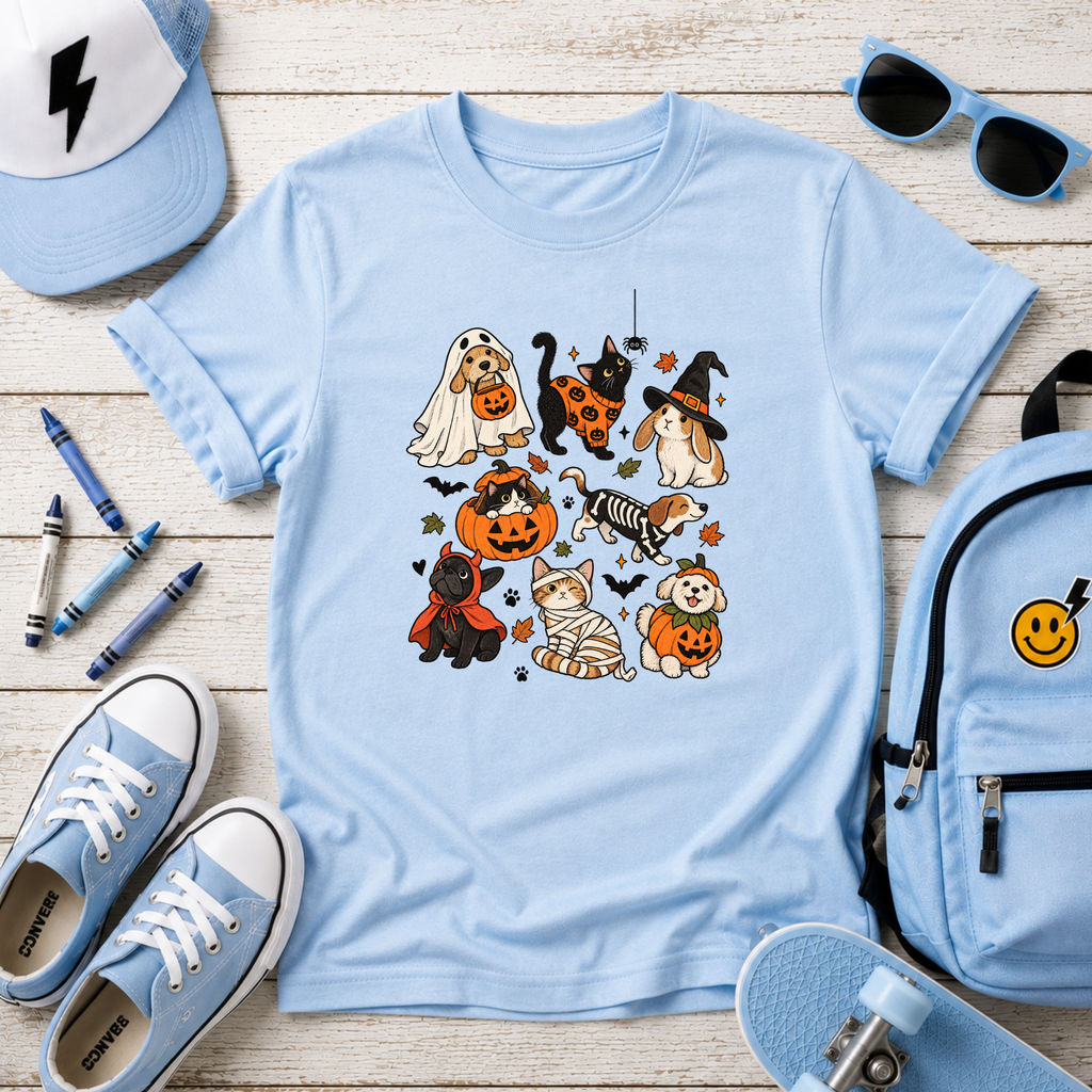 Kids Halloween Puppies Graphic T-Shirt Cute Dogs in Costumes Trick-or-Treat Tee