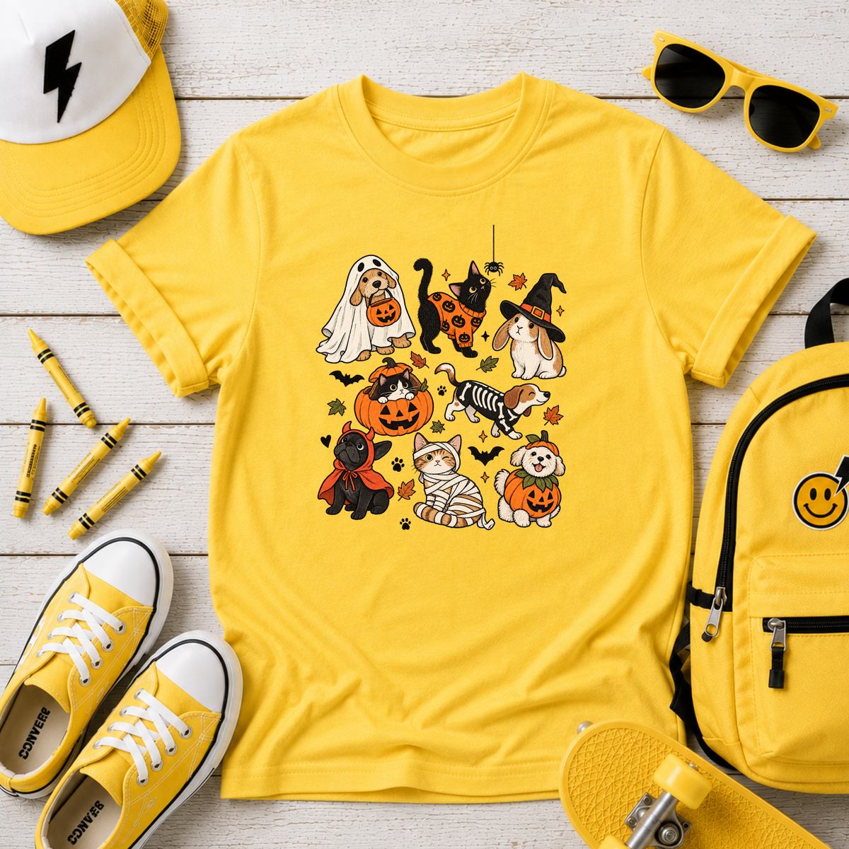 Kids Halloween Puppies Graphic T-Shirt Cute Dogs in Costumes Trick-or-Treat Tee