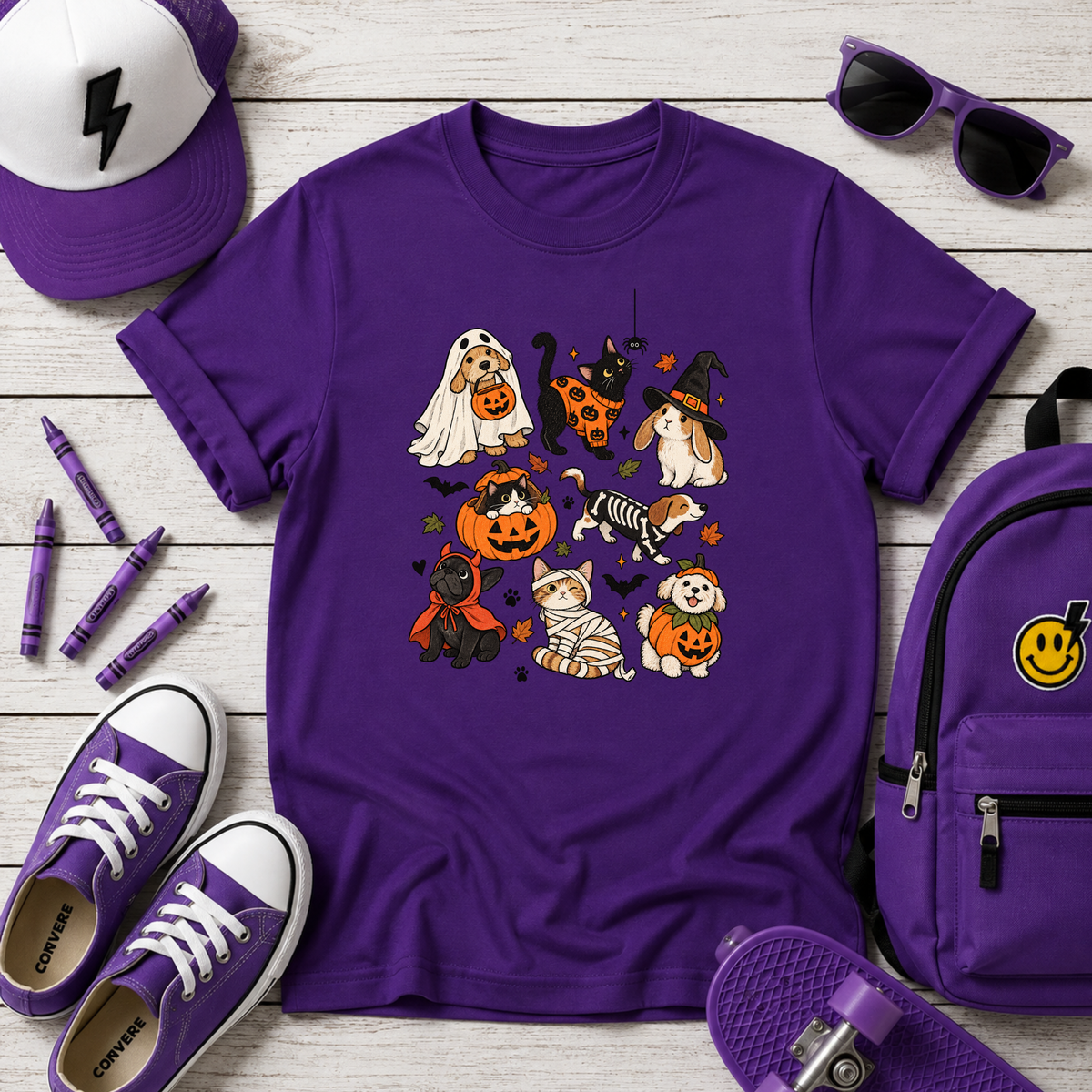 Kids Halloween Puppies Graphic T-Shirt Cute Dogs in Costumes Trick-or-Treat Tee