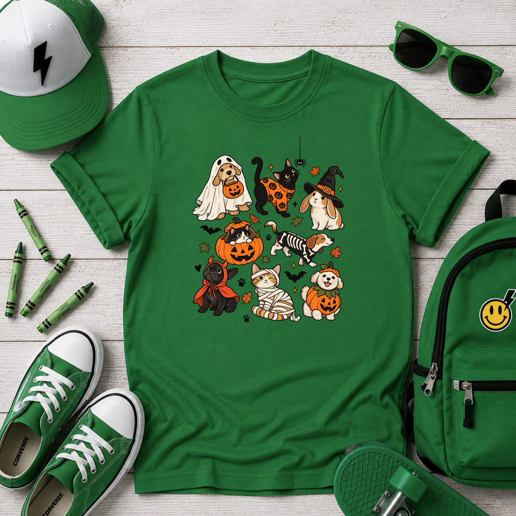 Kids Halloween Puppies Graphic T-Shirt Cute Dogs in Costumes Trick-or-Treat Tee