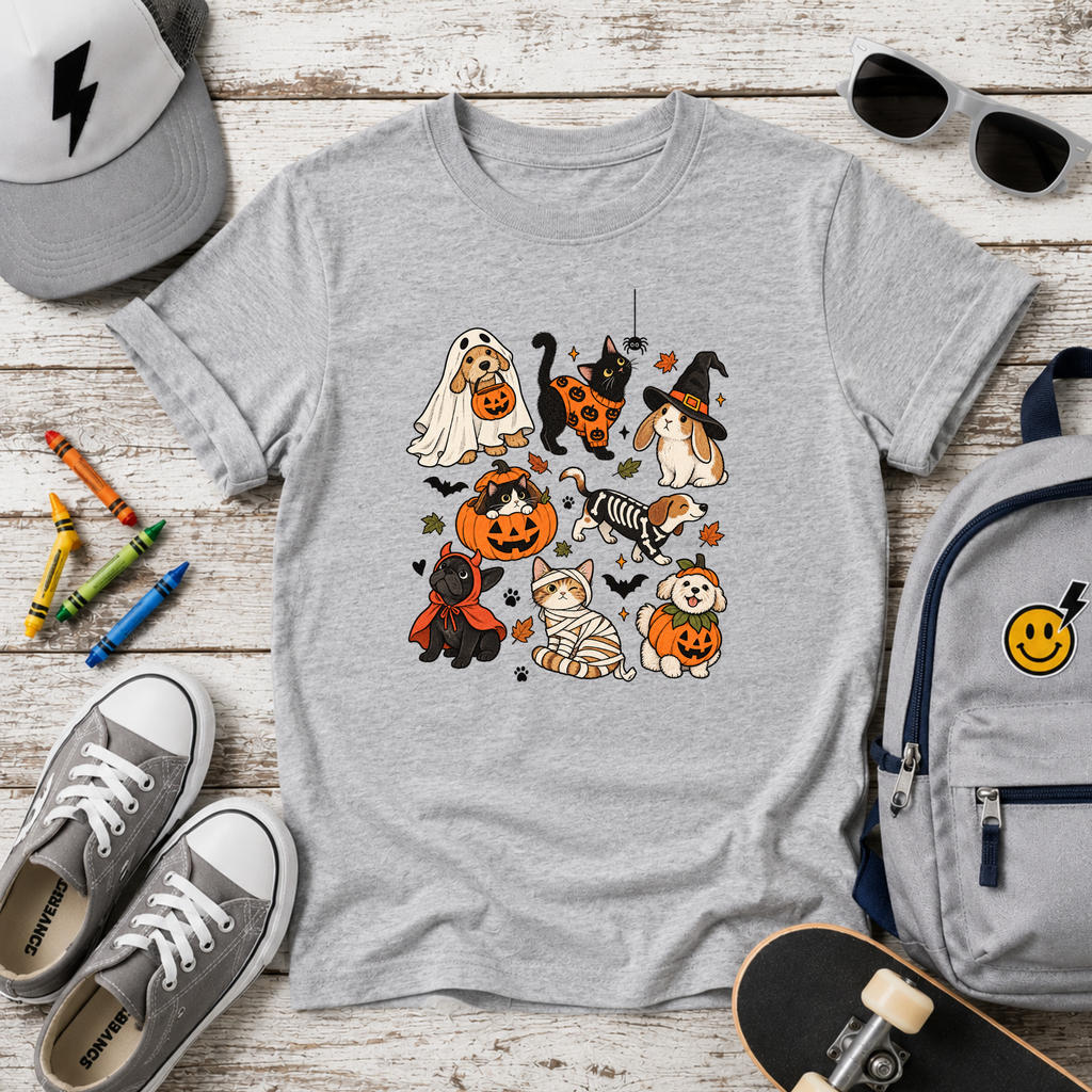 Kids Halloween Puppies Graphic T-Shirt Cute Dogs in Costumes Trick-or-Treat Tee