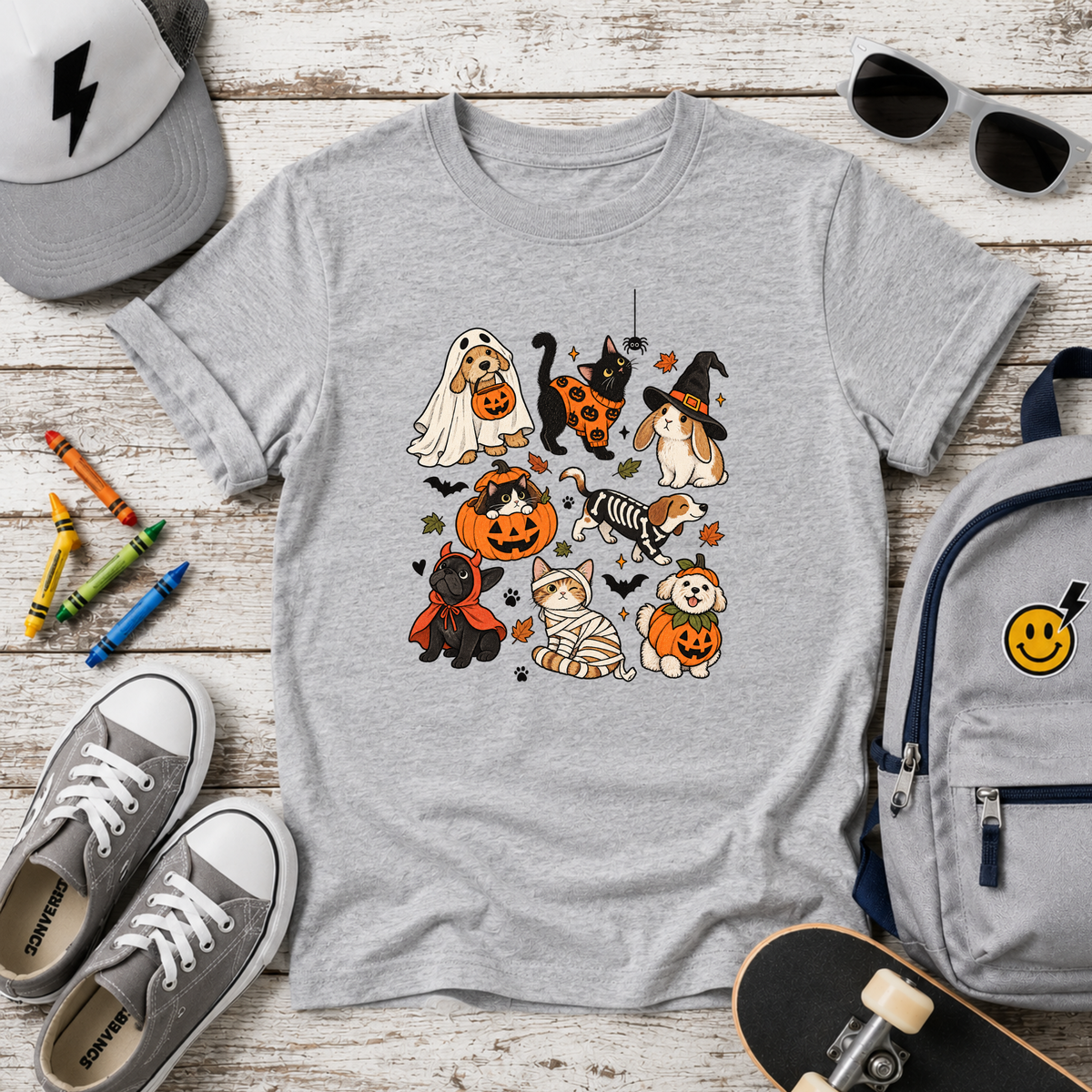 Kids Halloween Puppies Graphic T-Shirt Cute Dogs in Costumes Trick-or-Treat Tee