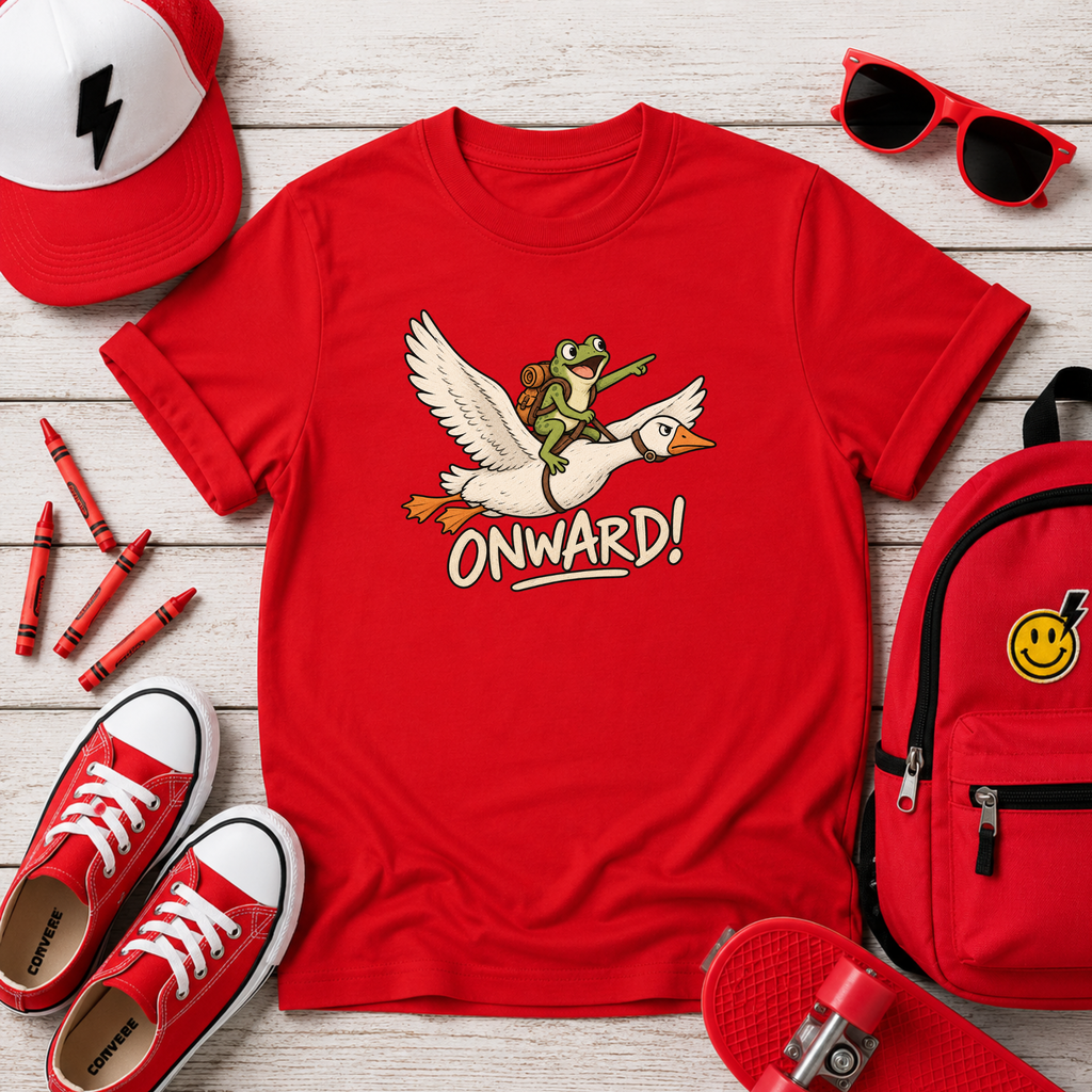 Cute Frog Riding Goose Illustration with “Onward!” | Adventure Graphic T-Shirt for Kids