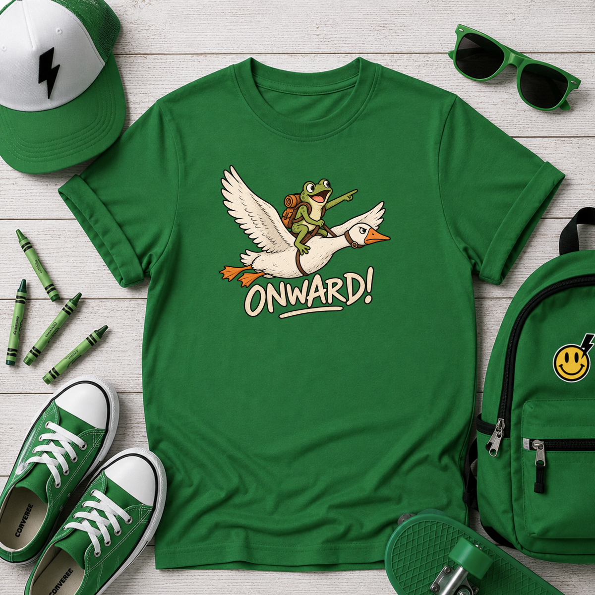 Cute Frog Riding Goose Illustration with “Onward!” | Adventure Graphic T-Shirt for Kids