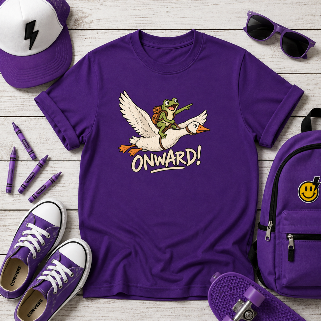 Cute Frog Riding Goose Illustration with “Onward!” | Adventure Graphic T-Shirt for Kids