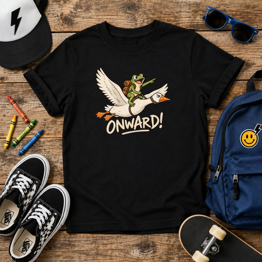 Cute Frog Riding Goose Illustration with “Onward!” | Adventure Graphic T-Shirt for Kids