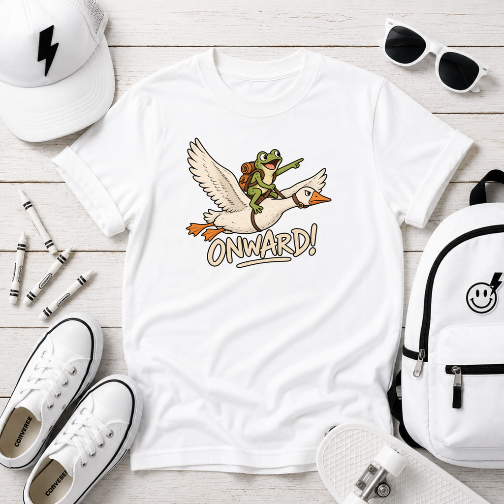 Cute Frog Riding Goose Illustration with “Onward!” | Adventure Graphic T-Shirt for Kids