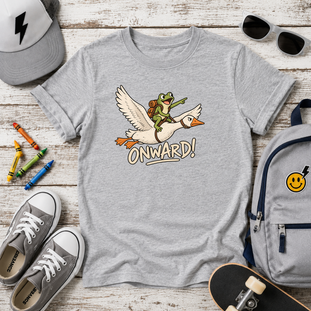 Cute Frog Riding Goose Illustration with “Onward!” | Adventure Graphic T-Shirt for Kids