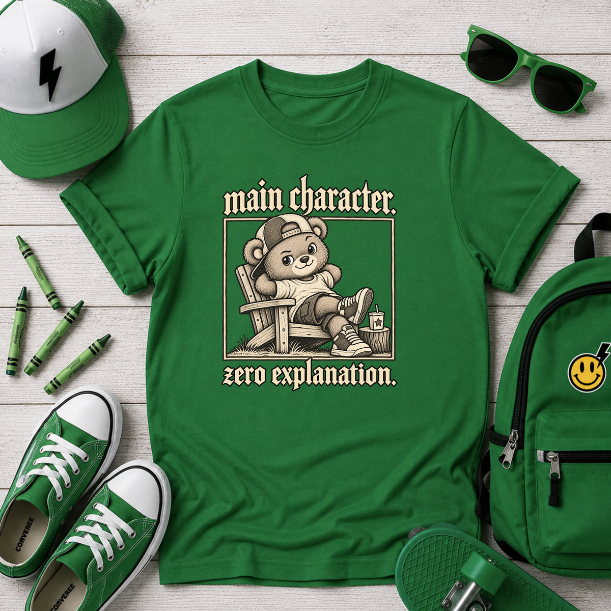 Kids T-Shirt "Main Character, Zero Explanation" Cute Teddy Graphic