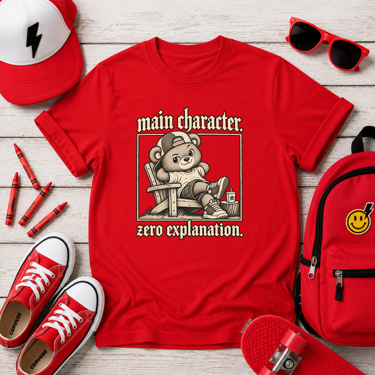 Kids T-Shirt "Main Character, Zero Explanation" Cute Teddy Graphic