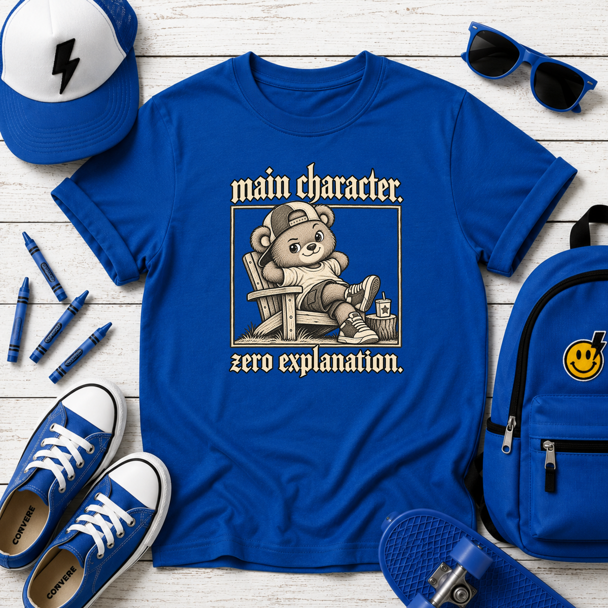 Kids T-Shirt "Main Character, Zero Explanation" Cute Teddy Graphic
