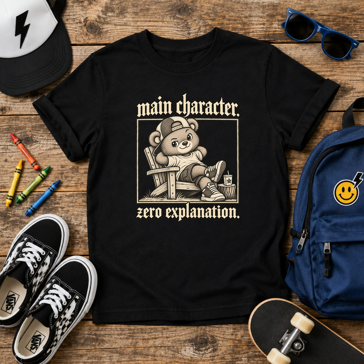 Kids T-Shirt "Main Character, Zero Explanation" Cute Teddy Graphic