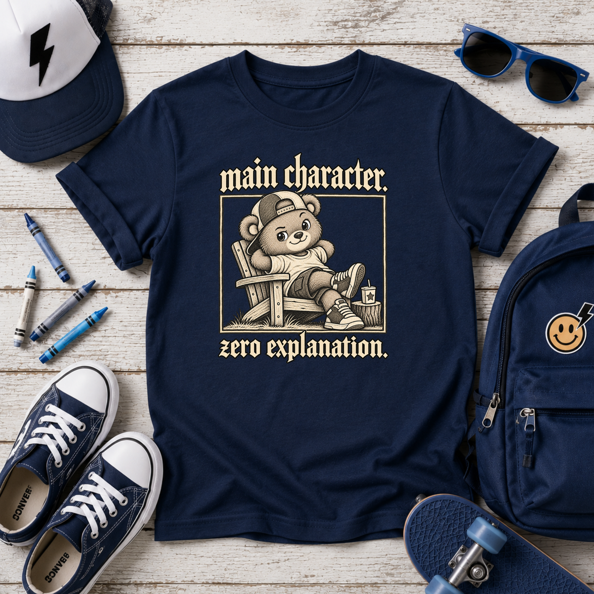 Kids T-Shirt "Main Character, Zero Explanation" Cute Teddy Graphic